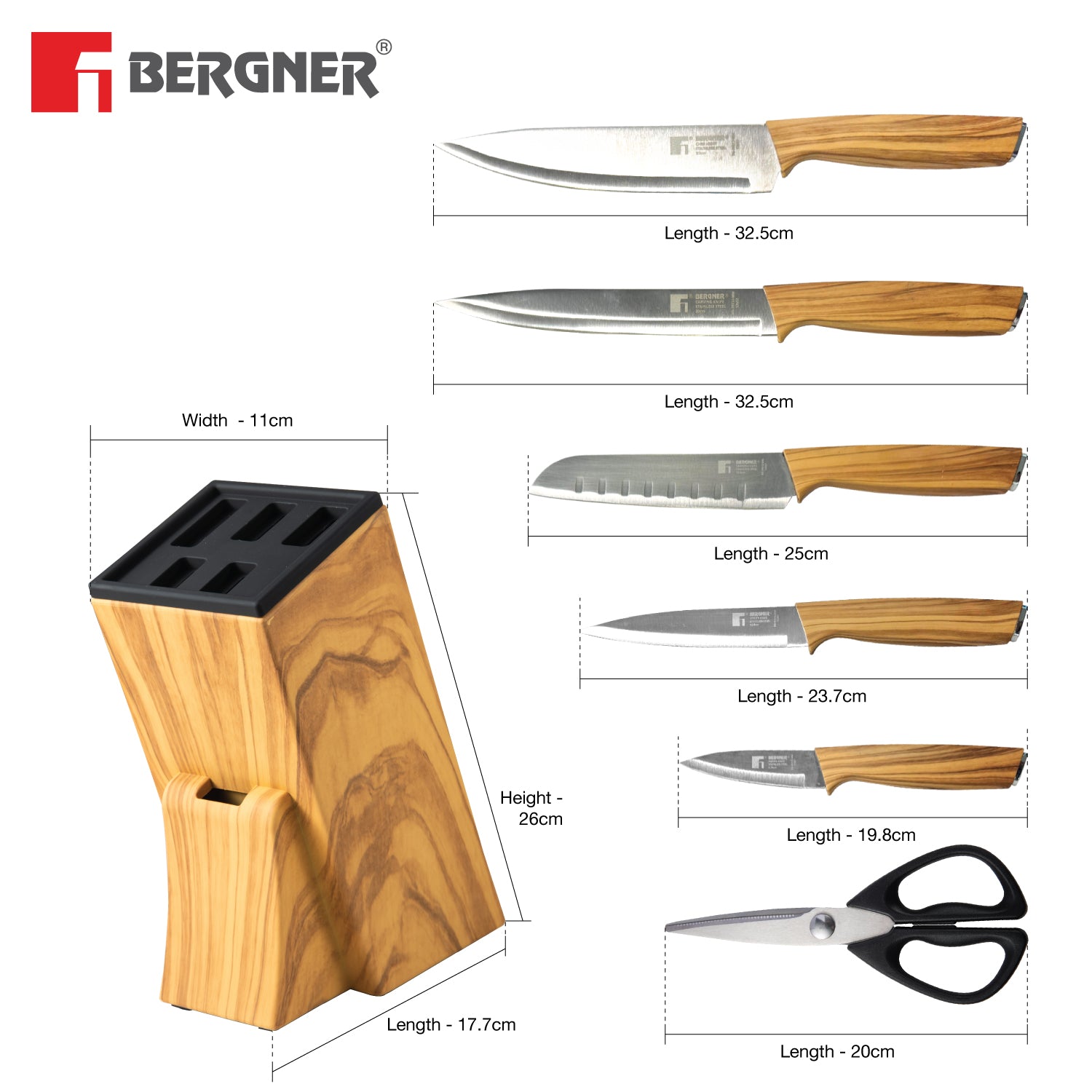 Bergner Olive Garden Stainless Steel 7 Pcs Knife Set - Chef Knife, Santoku Knife, Carving Knife, Utility Knife, Paring Knife, Scissor with Wooden Block