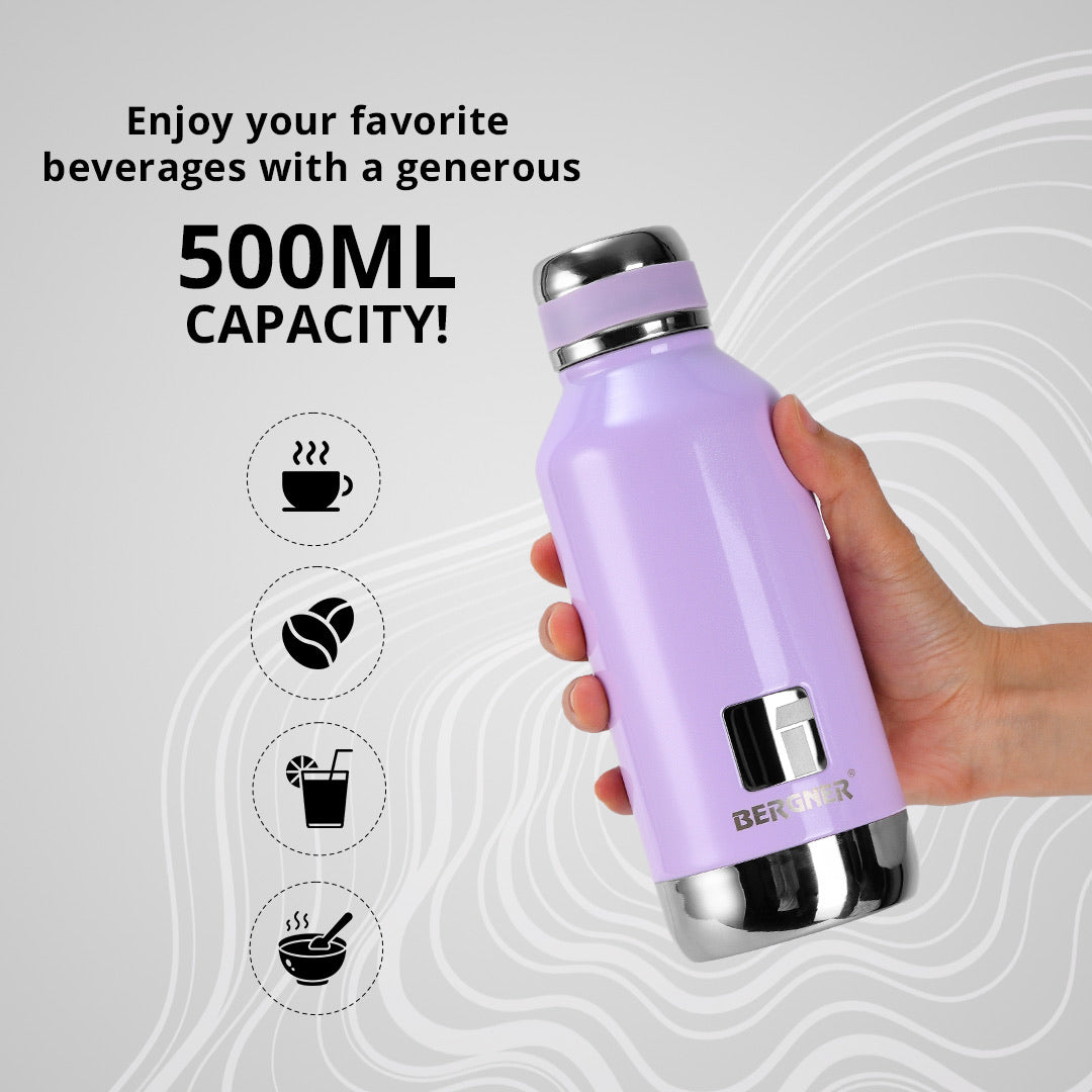 Bergner Walking Hydria Thermosteel Hot and Cold 500ml Flask, Double Walled Bottle - Purple