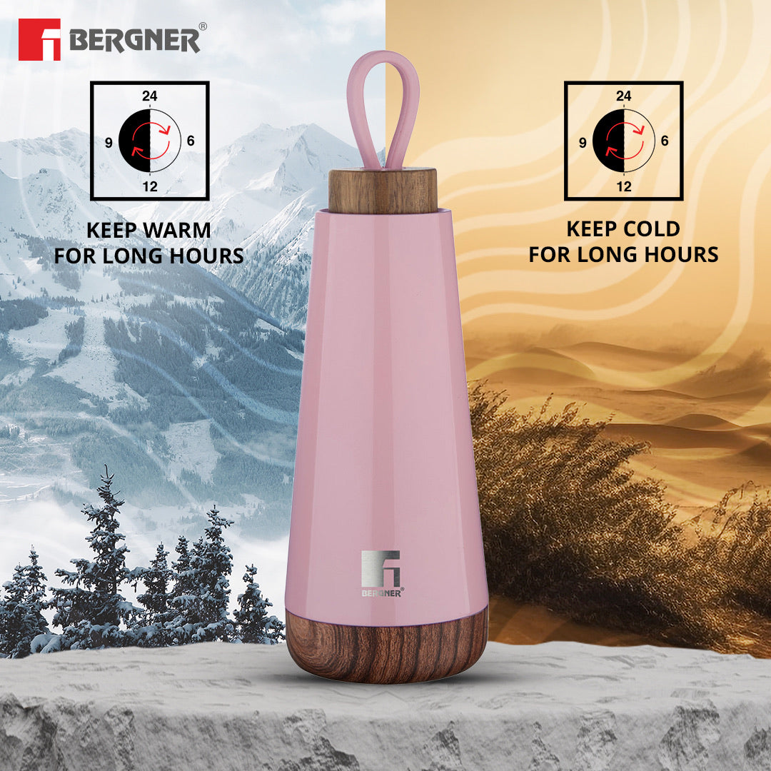 Bergner Walking Fairy Fountain Thermosteel Hot and Cold 370ml Flask, Double Walled Bottle - Pink