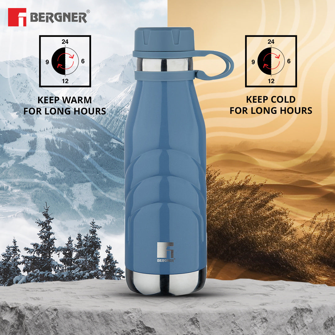 Bergner Walking AquaFlex Thermosteel Hot and Cold Bottle, 500ml Flask, Double Walled Bottle - Blue