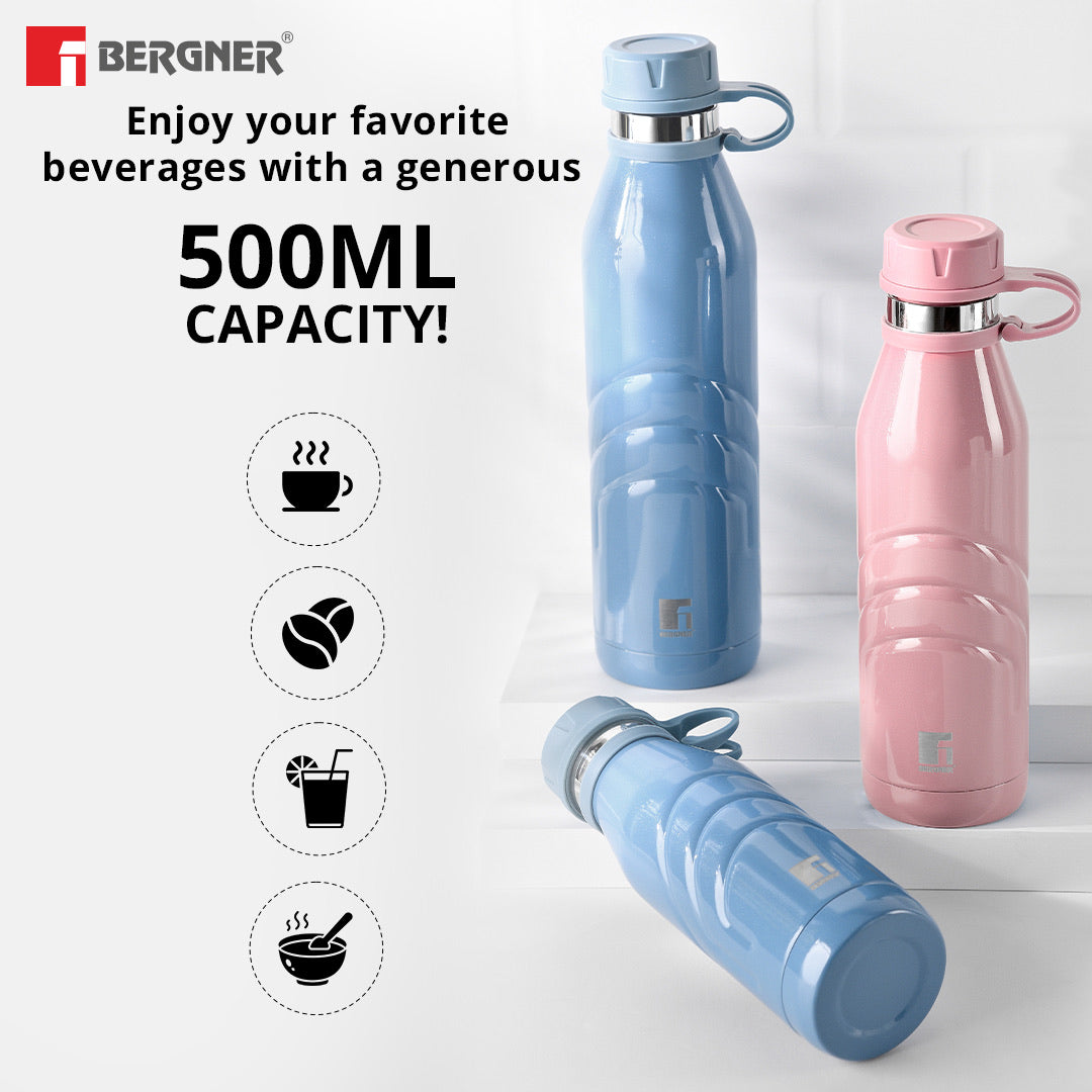 Bergner Walking AquaFlex Thermosteel Hot and Cold Bottle, 500ml Flask, Double Walled Bottle - Blue