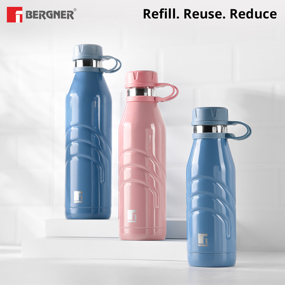 Bergner Walking AquaFlex Thermosteel Hot and Cold Bottle, 500ml Flask, Double Walled Bottle - Blue