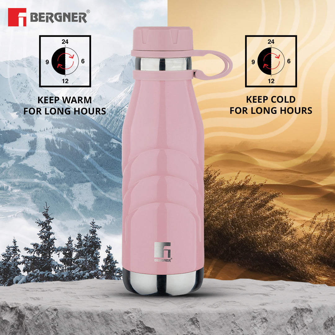 Bergner Walking AquaFlex Thermosteel Hot and Cold Bottle, 500ml Flask, Double Walled Bottle - Pink