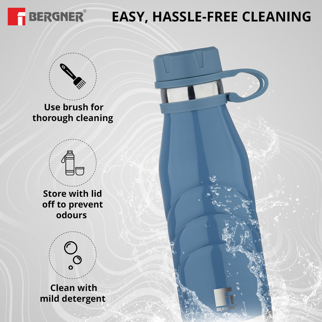 Bergner Walking AquaFlex Thermosteel Hot and Cold Bottle, 750ml Flask, Double Walled Bottle - Blue