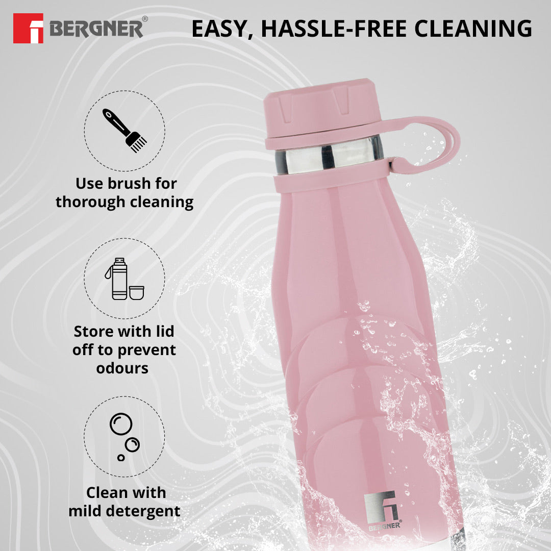 Bergner Walking AquaFlex Thermosteel Hot and Cold Bottle, 750ml Flask, Double Walled Bottle - Pink