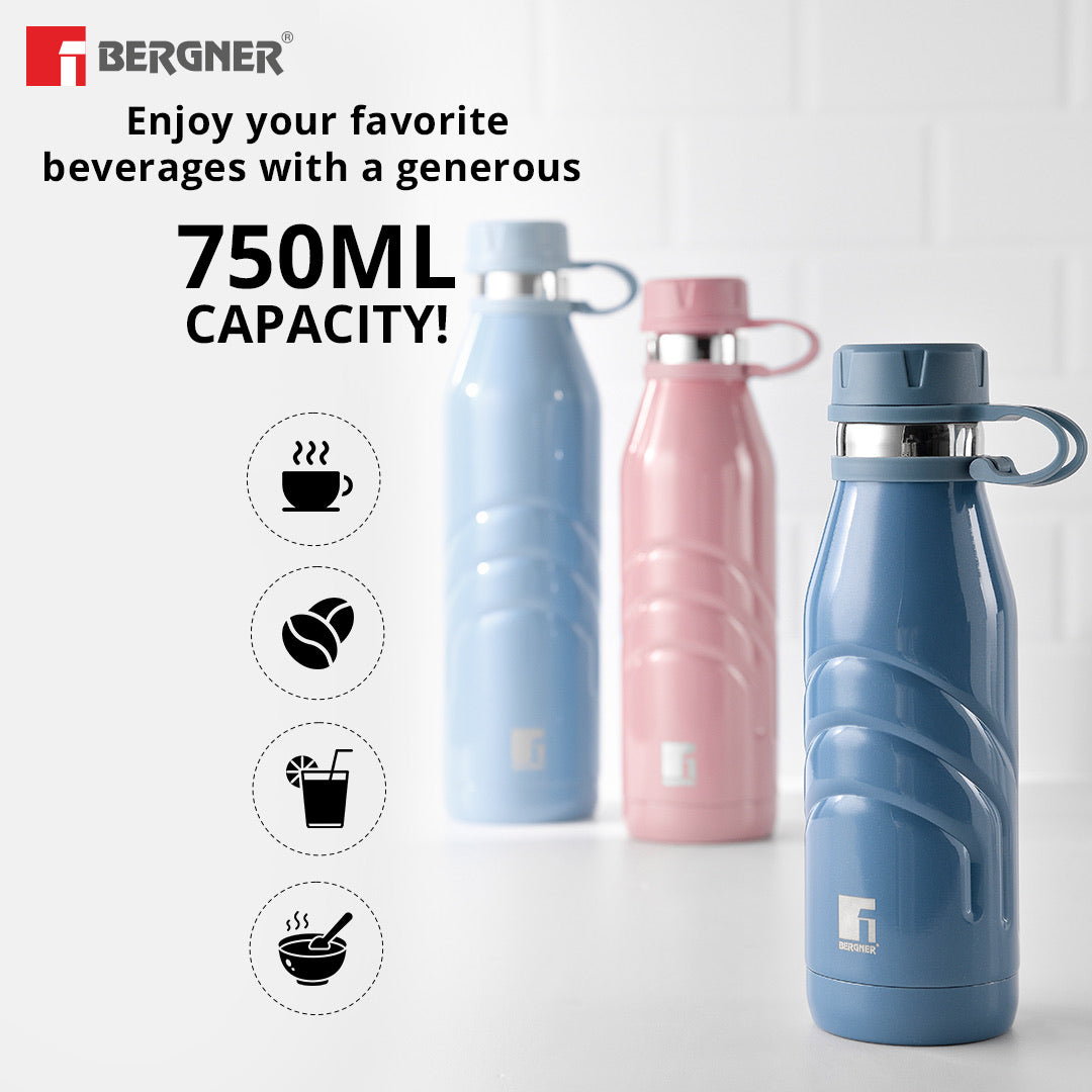 Bergner Walking AquaFlex Thermosteel Hot and Cold Bottle, 750ml Flask, Double Walled Bottle - Pink