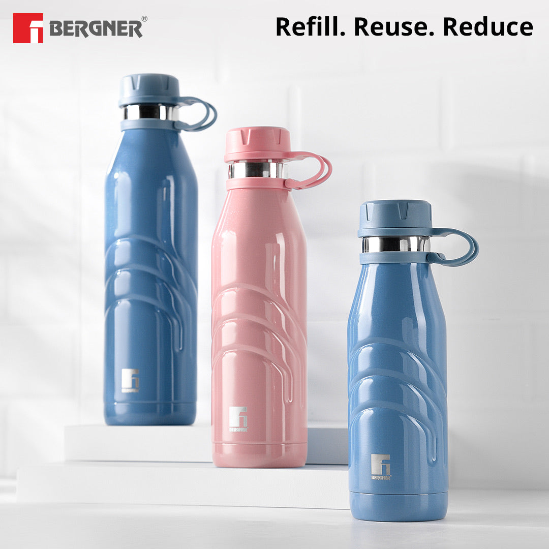 Bergner Walking AquaFlex Thermosteel Hot and Cold Bottle, 750ml Flask, Double Walled Bottle - Pink