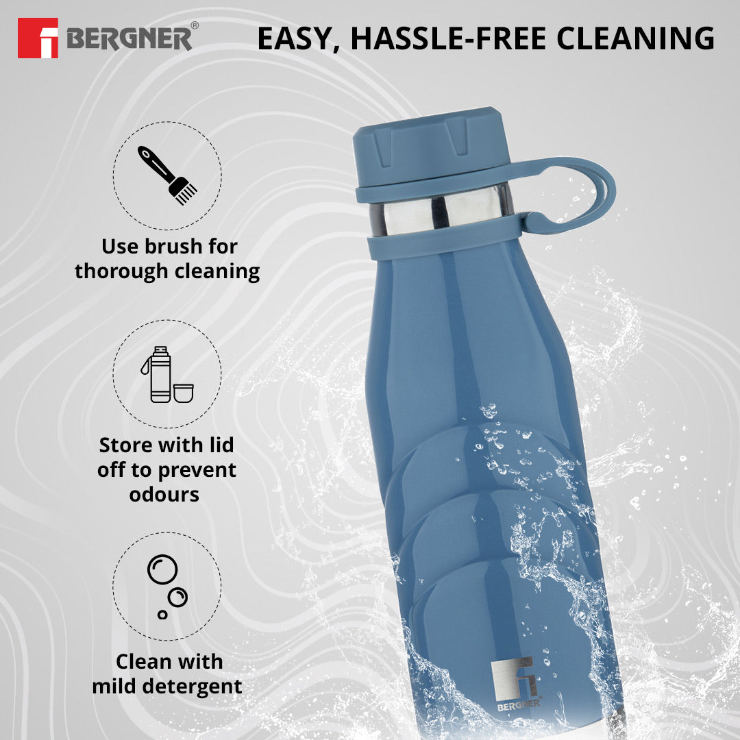 Bergner Walking AquaFlex Thermosteel Hot and Cold Bottle, 1000 ml Flask, Double Walled Bottle - Blue