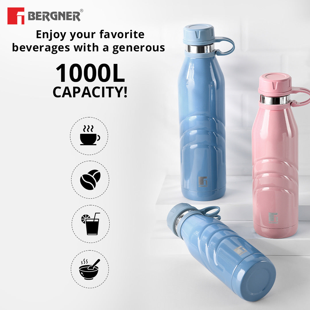 Bergner Walking AquaFlex Thermosteel Hot and Cold Bottle, 1000 ml Flask, Double Walled Bottle - Blue