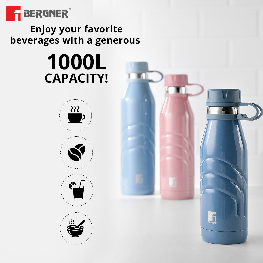 Bergner Walking AquaFlex Thermosteel Hot and Cold Bottle, 1000 ml Flask, Double Walled Bottle - Pink