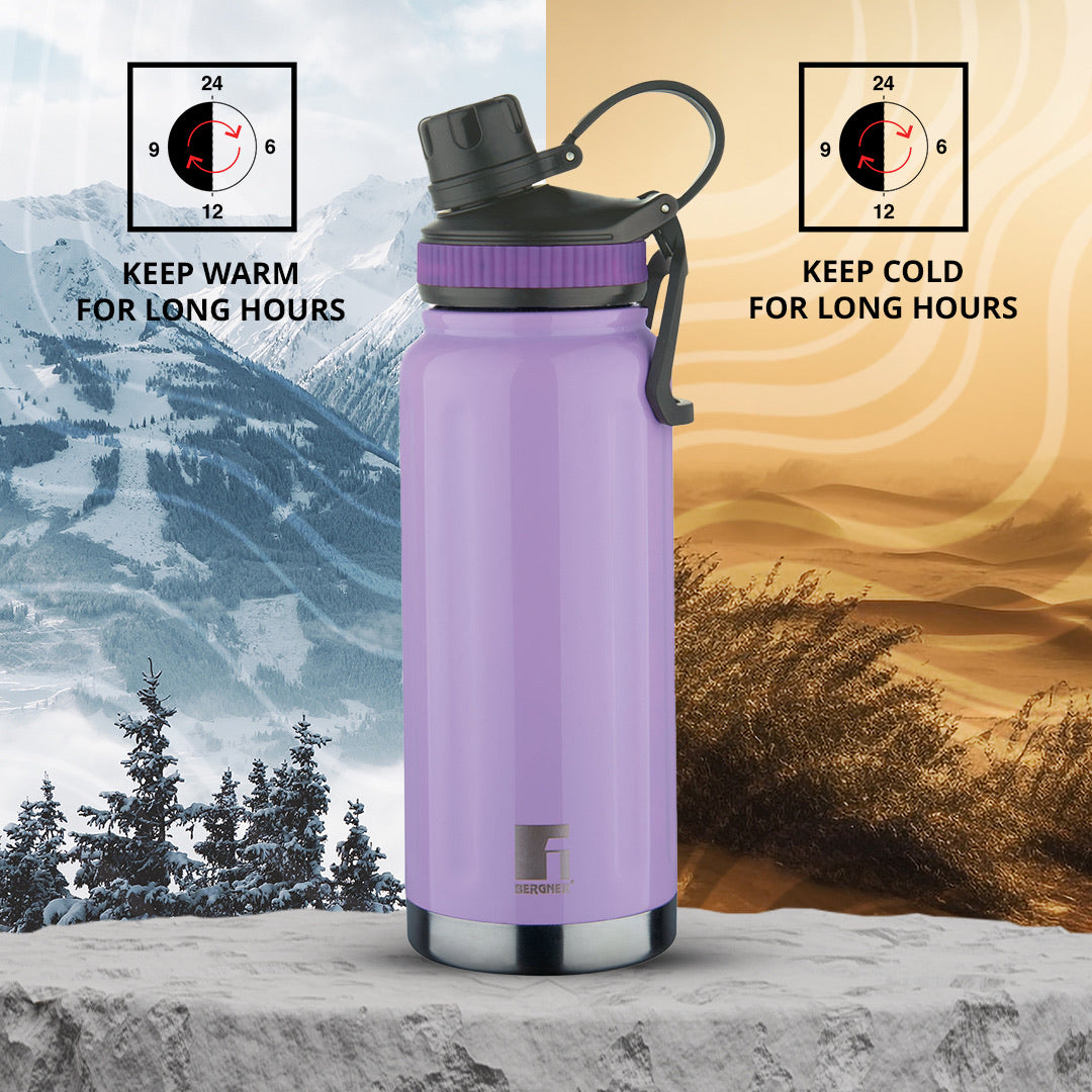 Bergner Walking AquaFit Thermosteel Hot and Cold 500ml Flask, Double Walled Bottle - Purple