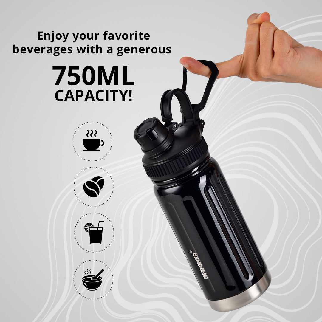 Bergner Walking AquaFit Thermosteel Hot and Cold 750ml Flask, Double Walled Bottle - Black