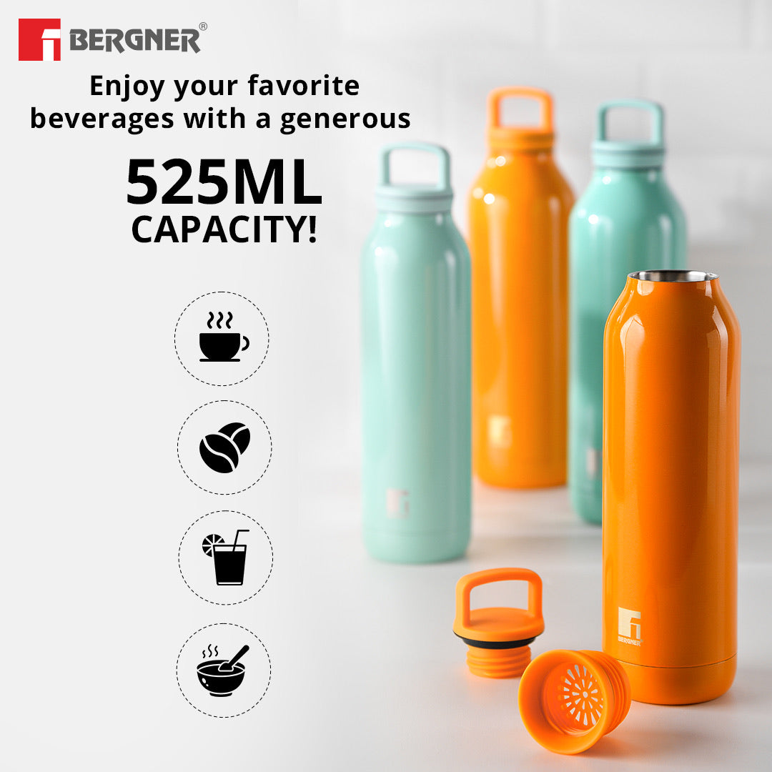 Bergner Walking Daisy Droplet Thermosteel Hot and Cold 525ml Flask, Double Walled Bottle - Orange