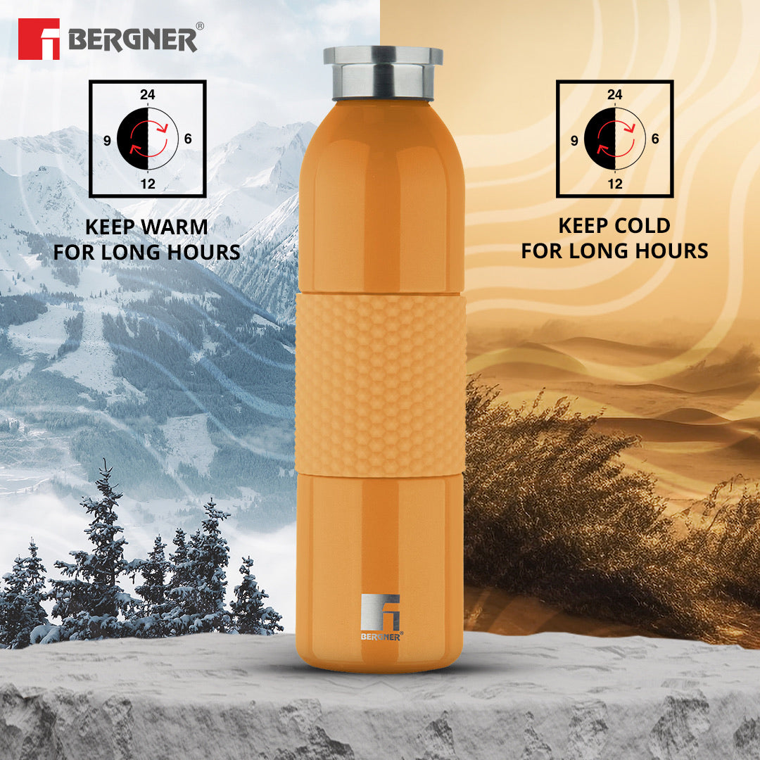 Bergner Walking Mid Grip Thermosteel Hot and Cold 600ml Flask, Double Walled Bottle - Orange