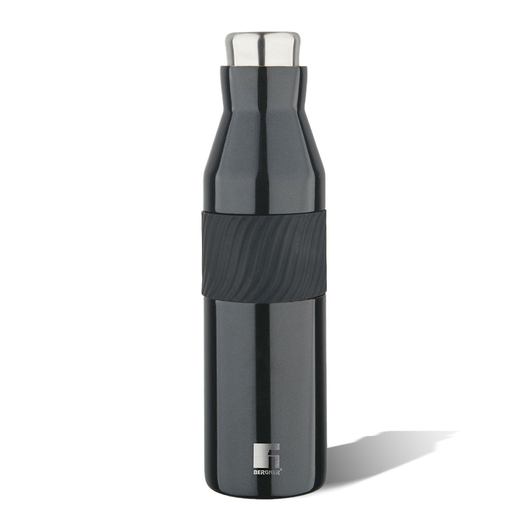 Bergner Walking Grip & Go Thermosteel Hot and Cold 600ml Flask, Double Walled Bottle - Black