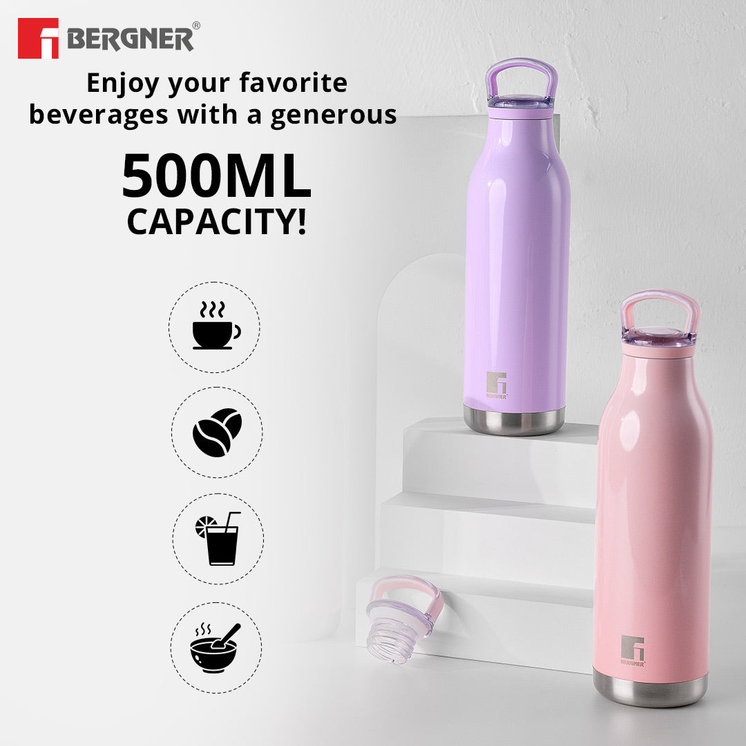 Bergner Walking Belle Blossom Thermosteel Hot and Cold 500ml Flask, Double Walled Bottle - Purple