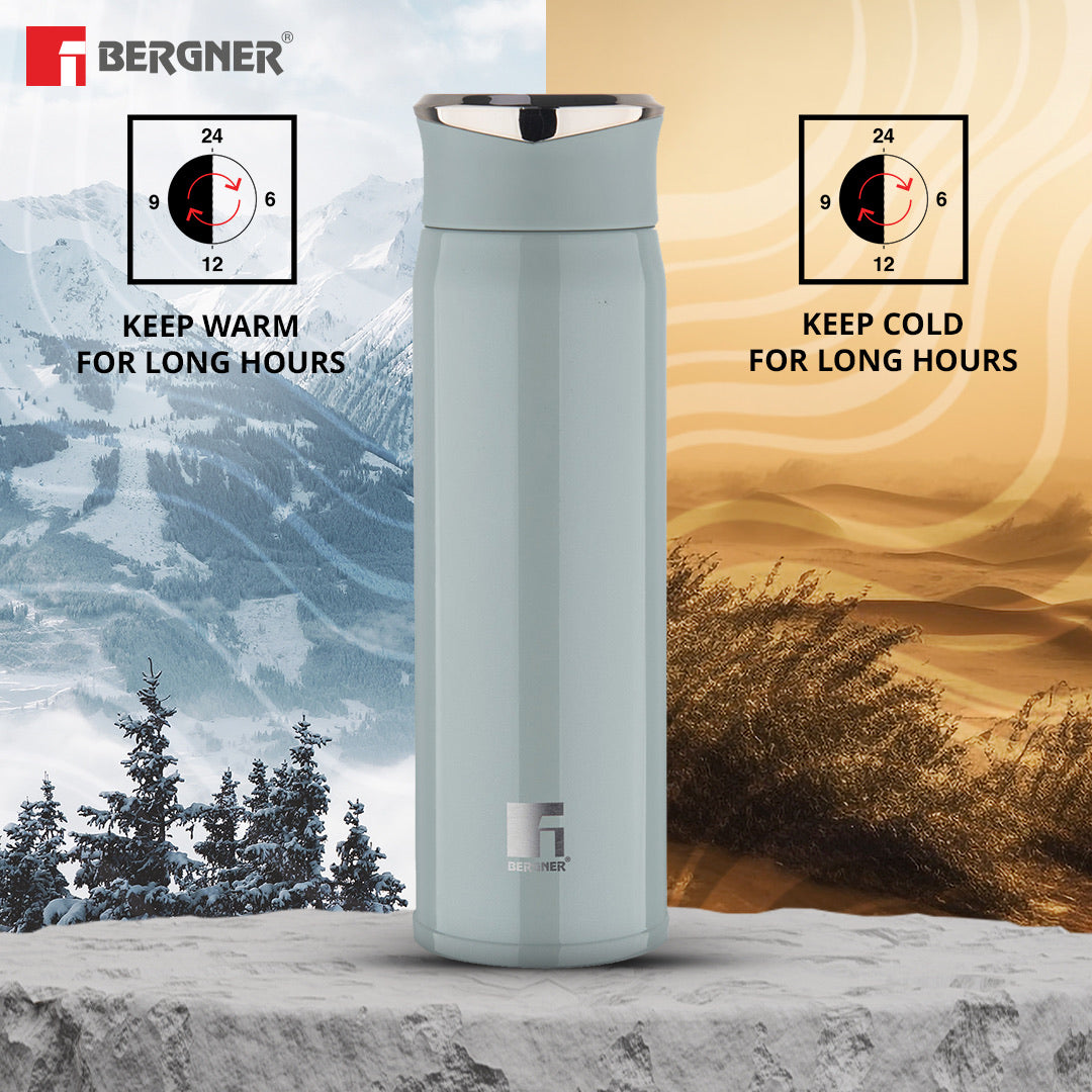 Bergner Walking CarryCask Thermosteel Hot and Cold 450ml Flask, Double Walled Bottle - Green