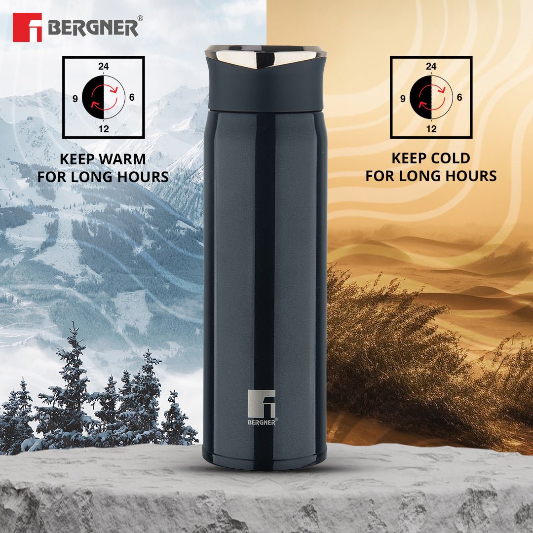 Bergner Walking CarryCask Thermosteel Hot and Cold 450ml Flask, Double Walled Bottle - Black