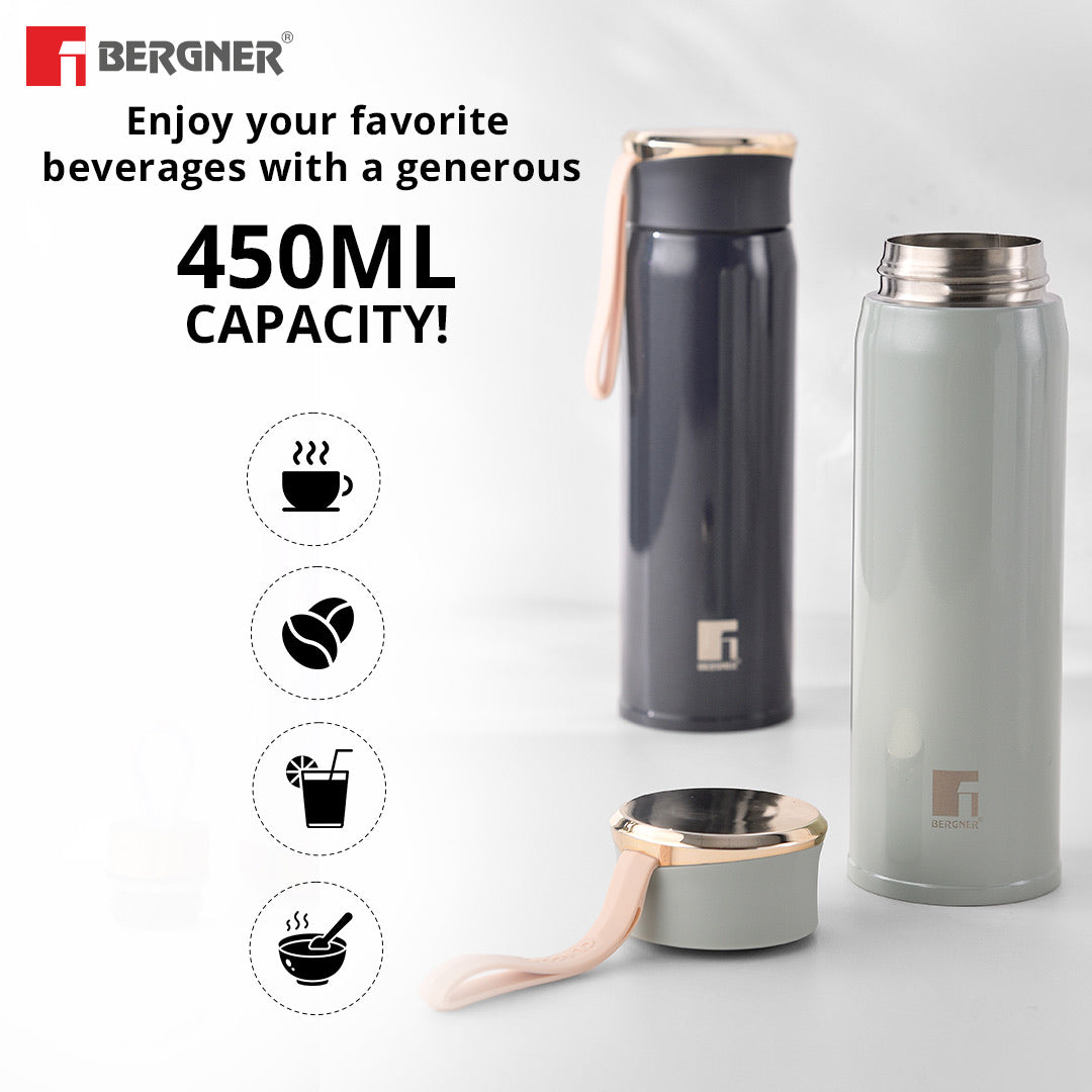 Bergner Walking CarryCask Thermosteel Hot and Cold 450ml Flask, Double Walled Bottle - Black