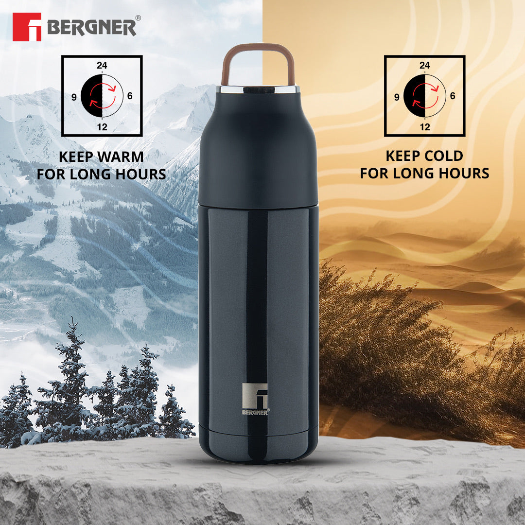 Bergner Walking AquaZest Thermosteel Hot and Cold 350ml Flask, Double Walled Bottle - Black