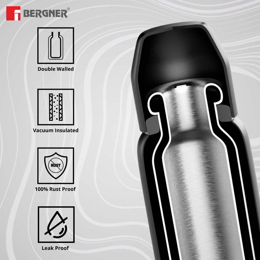 Bergner Walking AquaZest Thermosteel Hot and Cold 350ml Flask, Double Walled Bottle - Black