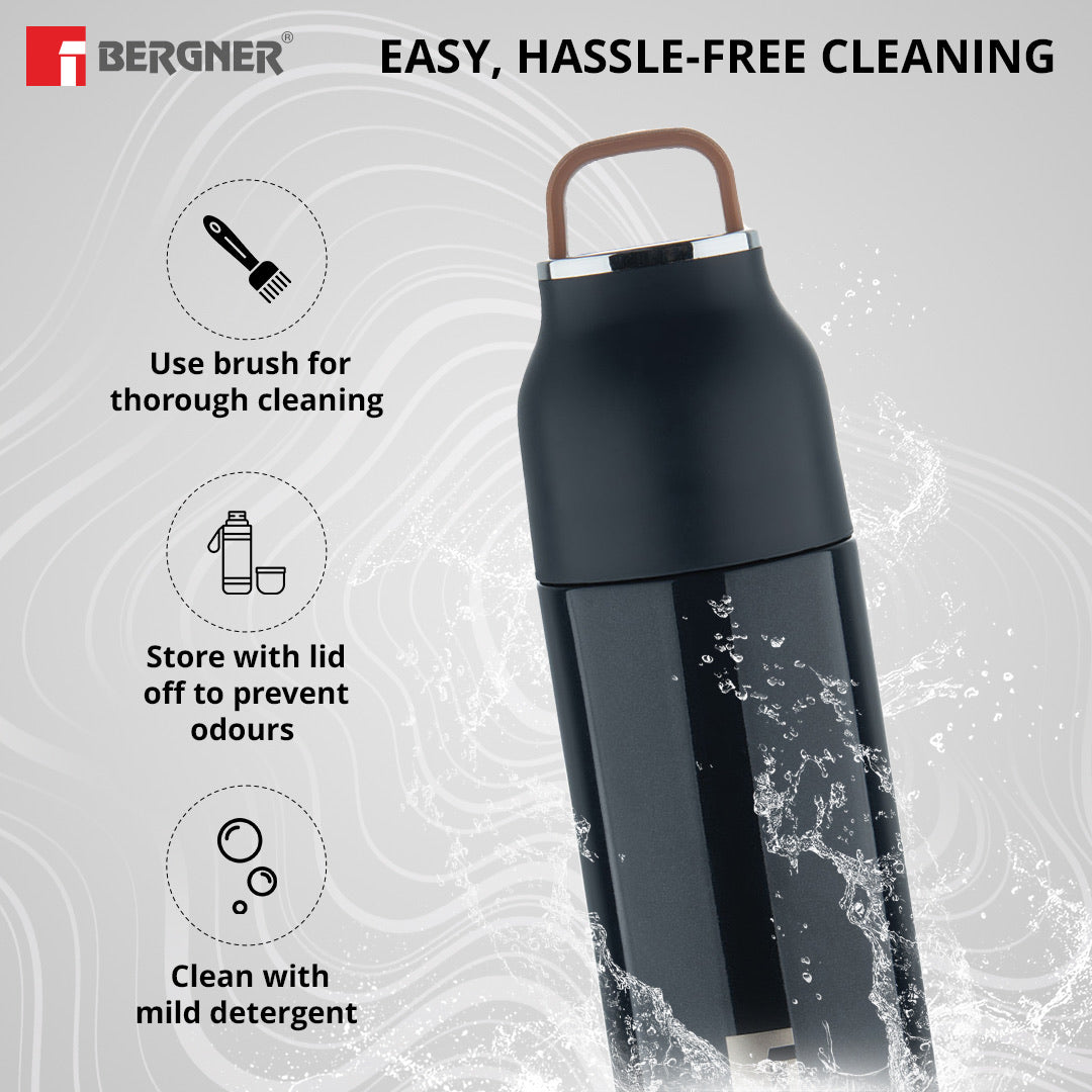 Bergner Walking AquaZest Thermosteel Hot and Cold 350ml Flask, Double Walled Bottle - Black