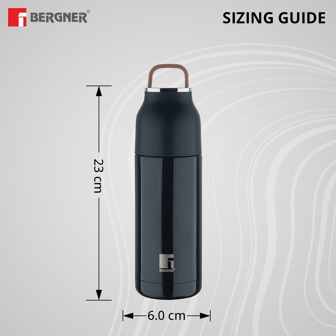 Bergner Walking AquaZest Thermosteel Hot and Cold 350ml Flask, Double Walled Bottle - Black