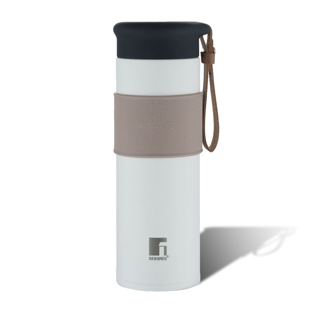 Bergner Walking Mountain Mist Thermosteel Hot and Cold 450ml Flask, Double Walled Bottle - White