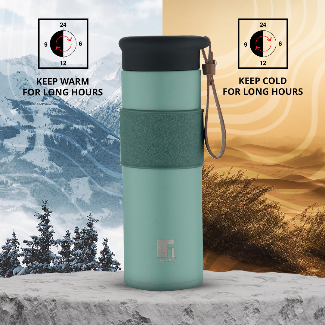 Bergner Walking Mountain Mist Thermosteel Hot and Cold 450ml Flask, Double Walled Bottle - Green