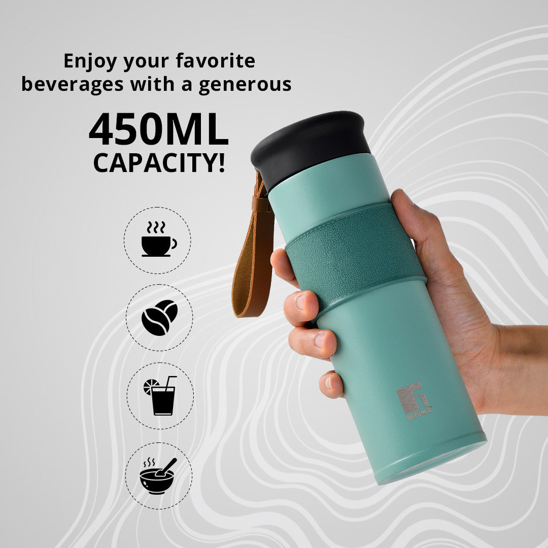 Bergner Walking Mountain Mist Thermosteel Hot and Cold 450ml Flask, Double Walled Bottle - Green