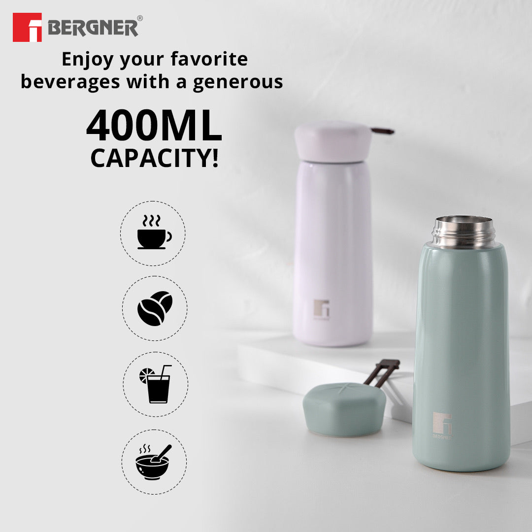 Bergner Walking LilyLuxe Thermosteel Hot and Cold 400ml Flask, Double Walled Bottle - Grey