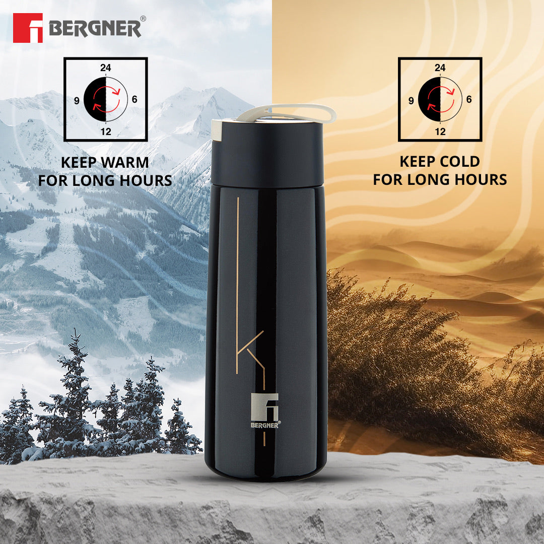 Bergner Walking Filter Flow Thermosteel Hot and Cold 350ml Flask, Double Walled Bottle - Black