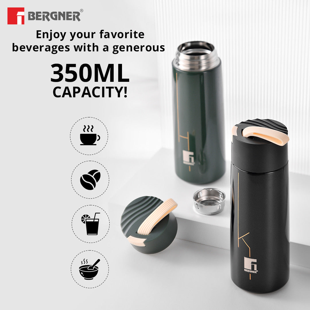 Bergner Walking Filter Flow Thermosteel Hot and Cold 350ml Flask, Double Walled Bottle - Black