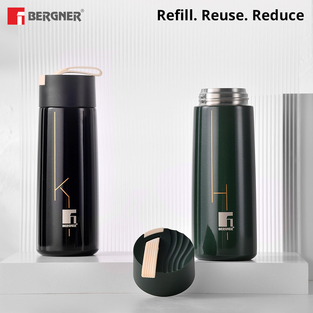 Bergner Walking Filter Flow Thermosteel Hot and Cold 350ml Flask, Double Walled Bottle - Black