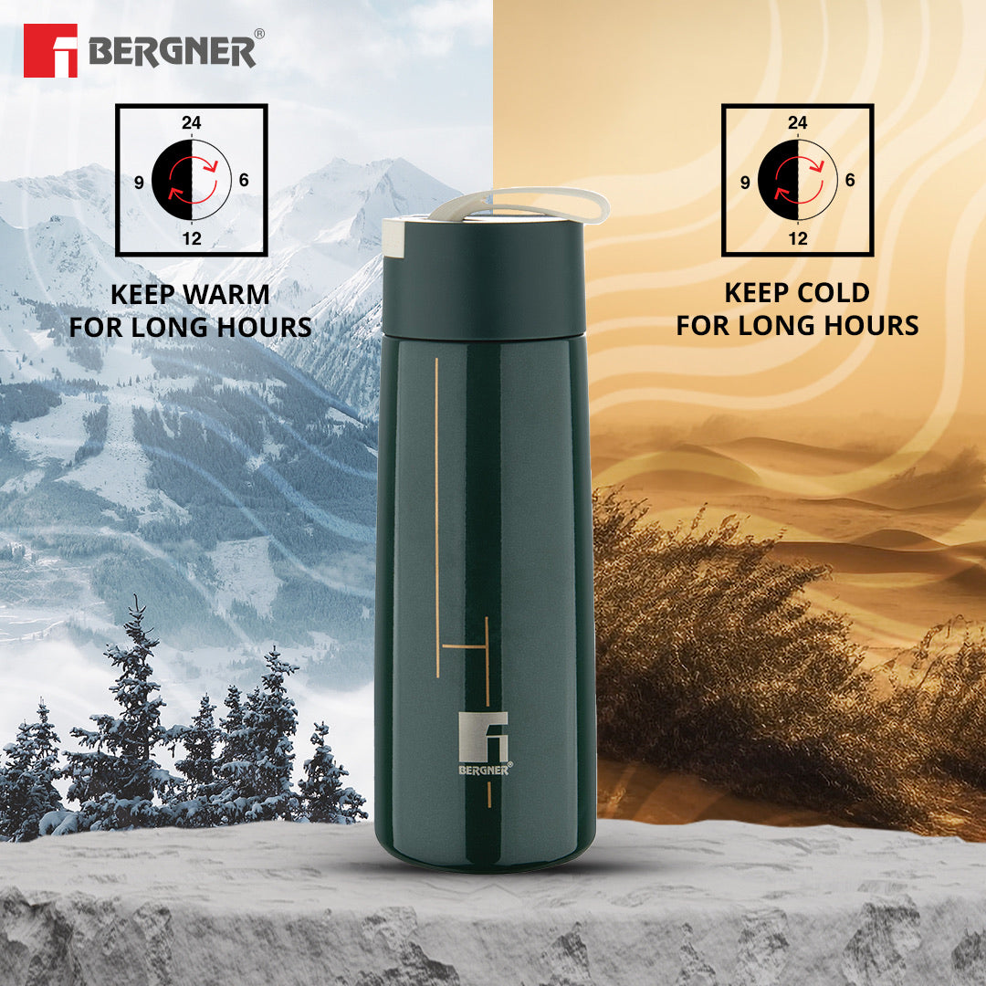 Bergner Walking Filter Flow Thermosteel Hot and Cold 350ml Flask, Double Walled Bottle - Green