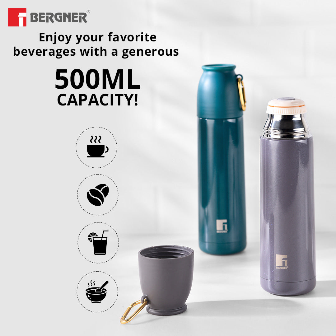 Bergner Walking PearlPotion Thermosteel Hot and Cold 500ml Flask, Double Walled Bottle - Grey