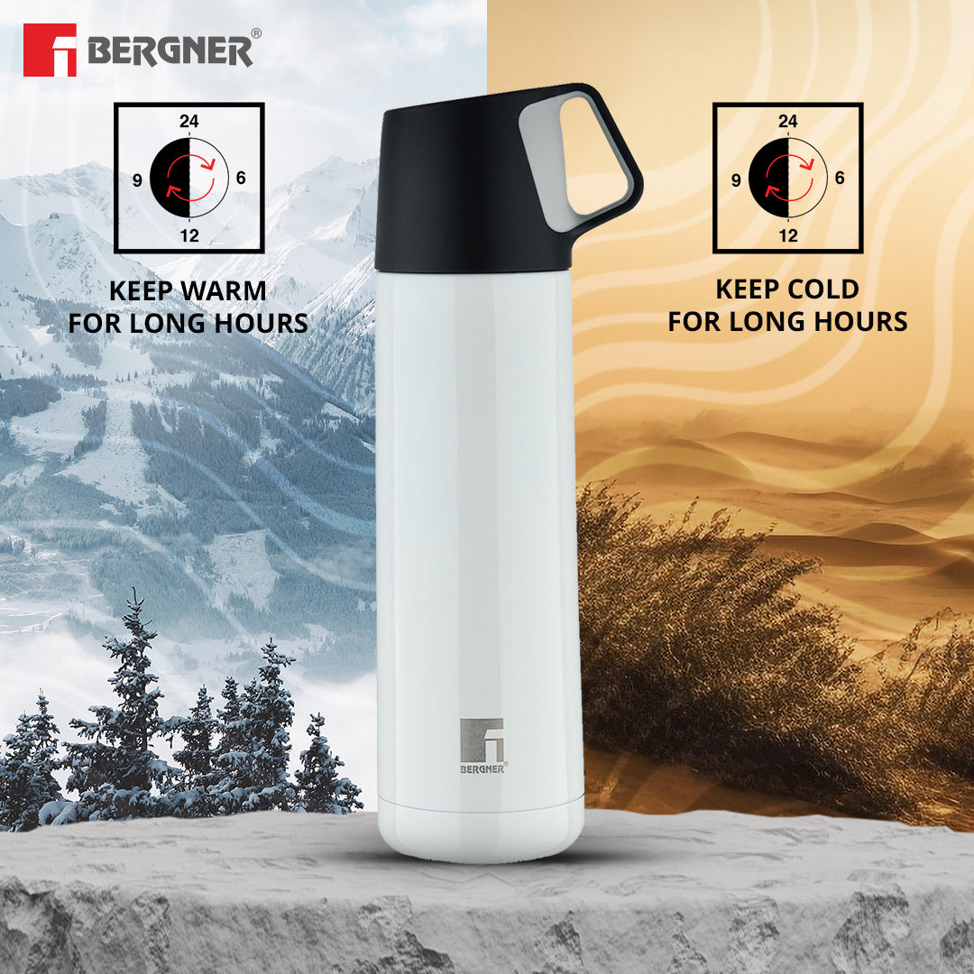 Bergner Walking HydroCup Thermosteel Hot and Cold 500ml Flask, Double Walled Bottle - White