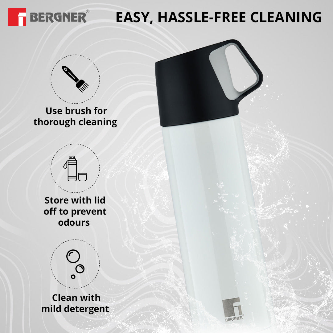 Bergner Walking HydroCup Thermosteel Hot and Cold 500ml Flask, Double Walled Bottle - White