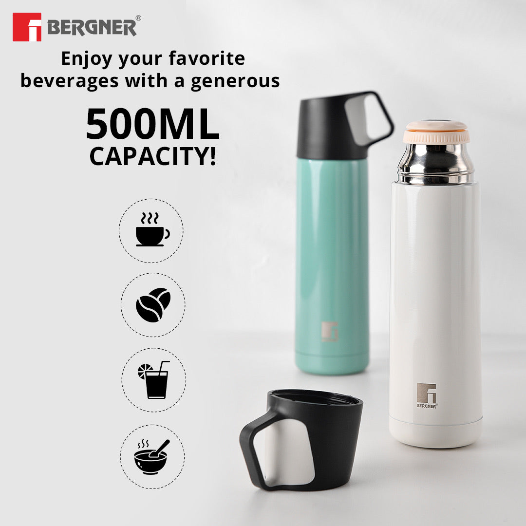 Bergner Walking HydroCup Thermosteel Hot and Cold 500ml Flask, Double Walled Bottle - White