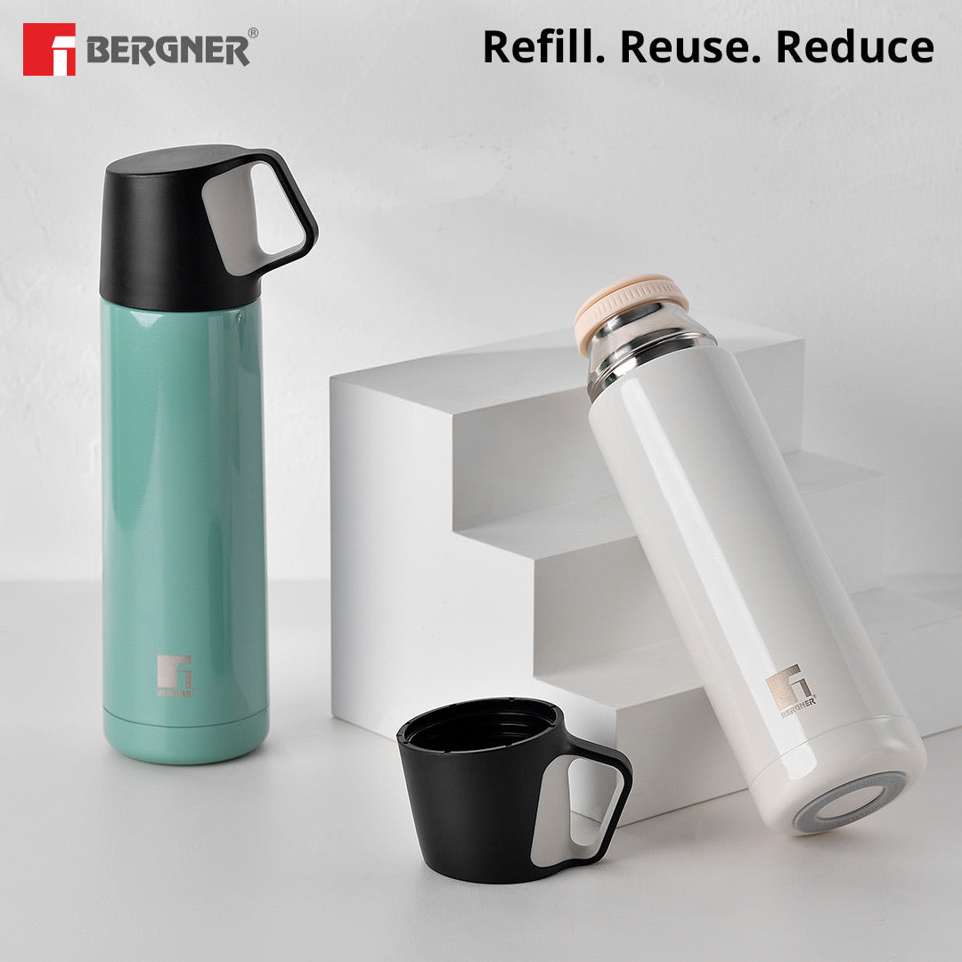 Bergner Walking HydroCup Thermosteel Hot and Cold 500ml Flask, Double Walled Bottle - White