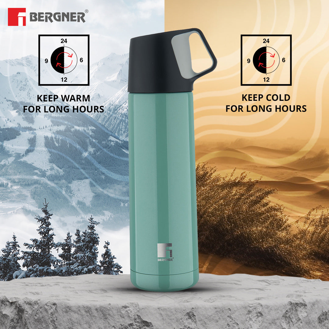 Bergner Walking HydroCup Thermosteel Hot and Cold 500ml Flask, Double Walled Bottle - Green