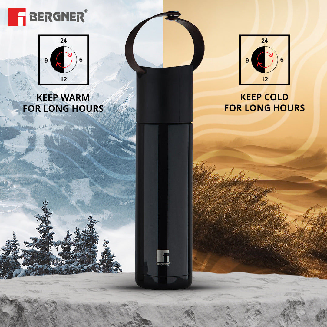 Bergner Walking Curv & Carry Thermosteel Hot and Cold 500ml Flask, Double Walled Bottle - Black