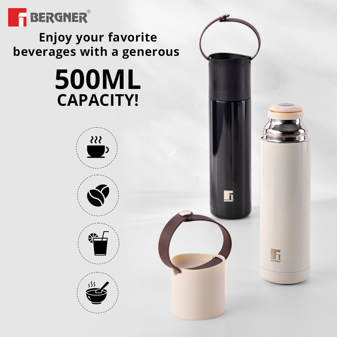 Bergner Walking Curv & Carry Thermosteel Hot and Cold 500ml Flask, Double Walled Bottle - Black