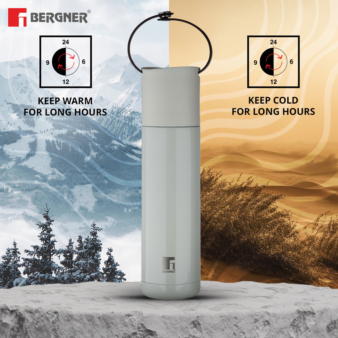 Bergner Walking Curv & Carry Thermosteel Hot and Cold 500ml Flask, Double Walled Bottle - White