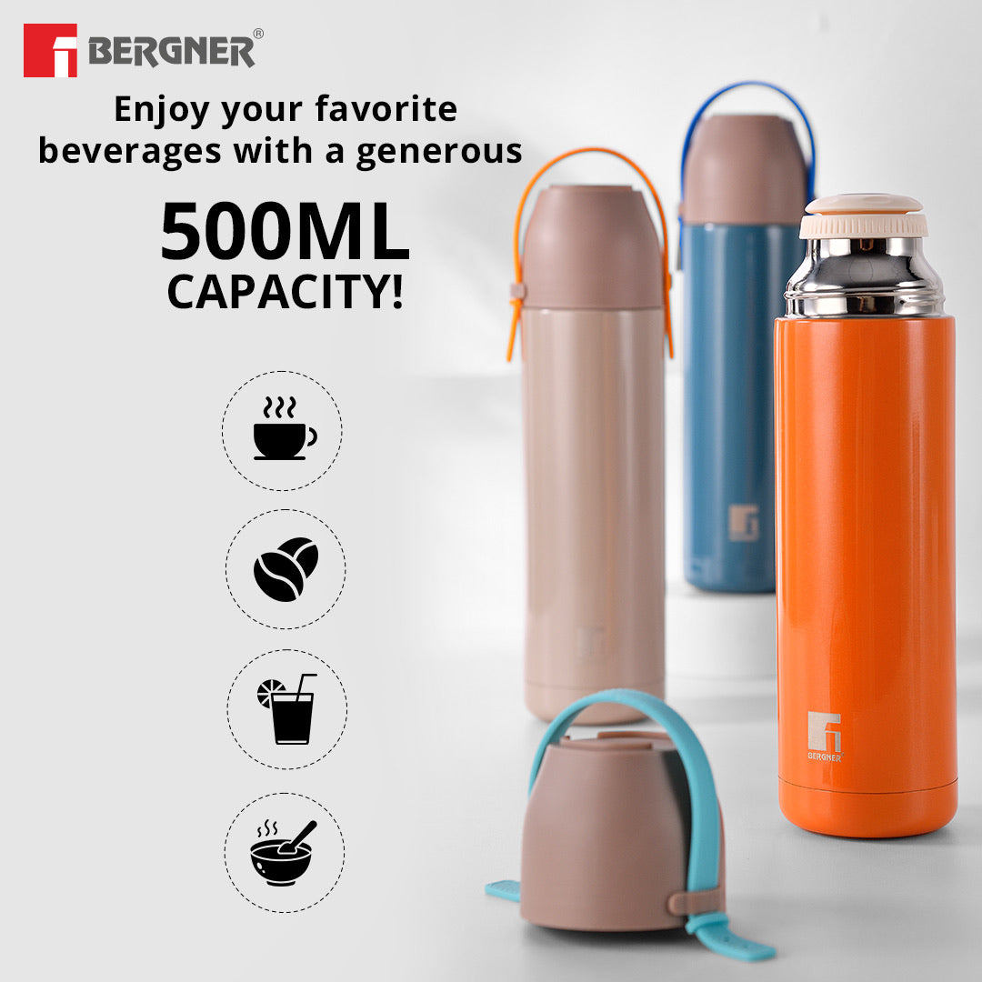 Bergner Walking Eleganza Thermosteel Hot and Cold 500ml Flask, Double Walled Bottle - Green