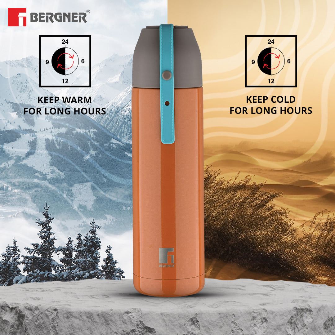 Bergner Walking Eleganza Thermosteel Hot and Cold 500ml Flask, Double Walled Bottle - Orange