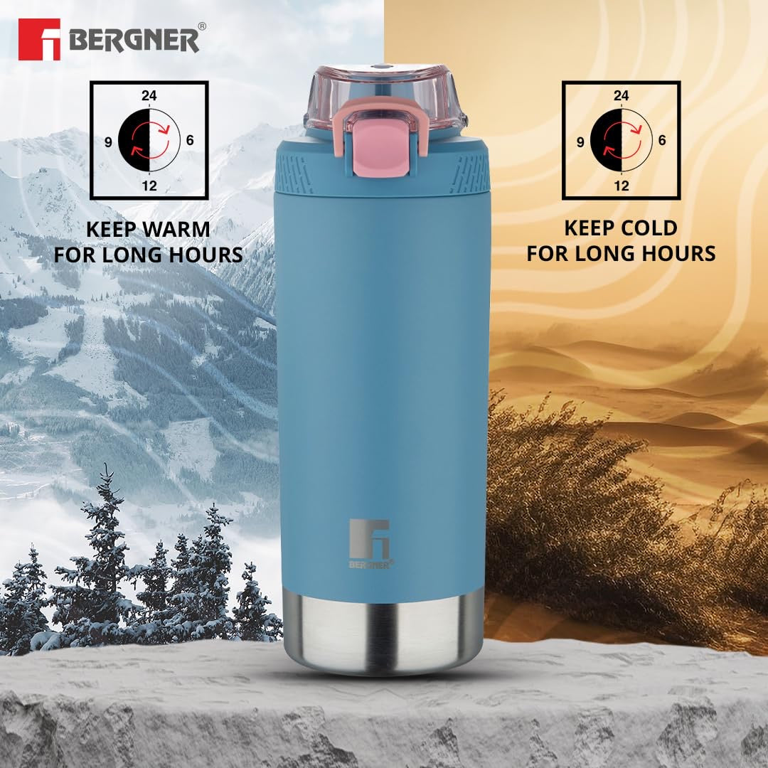 Bergner Walking Gymmate Alpha Thermosteel Hot and Cold Bottle, 720ml Flask, Double Walled Bottle - Light Blue