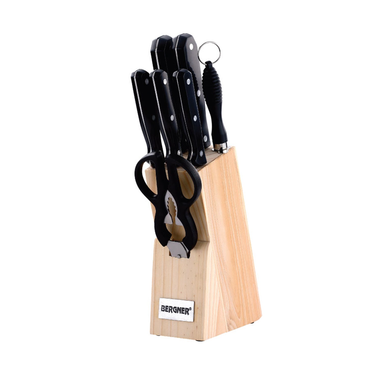 Bergner Shark Stainless Steel 8 Pcs Knife Set - Knives with Wooden Block, Durable and Sharp Blade, Soft Touch Handle