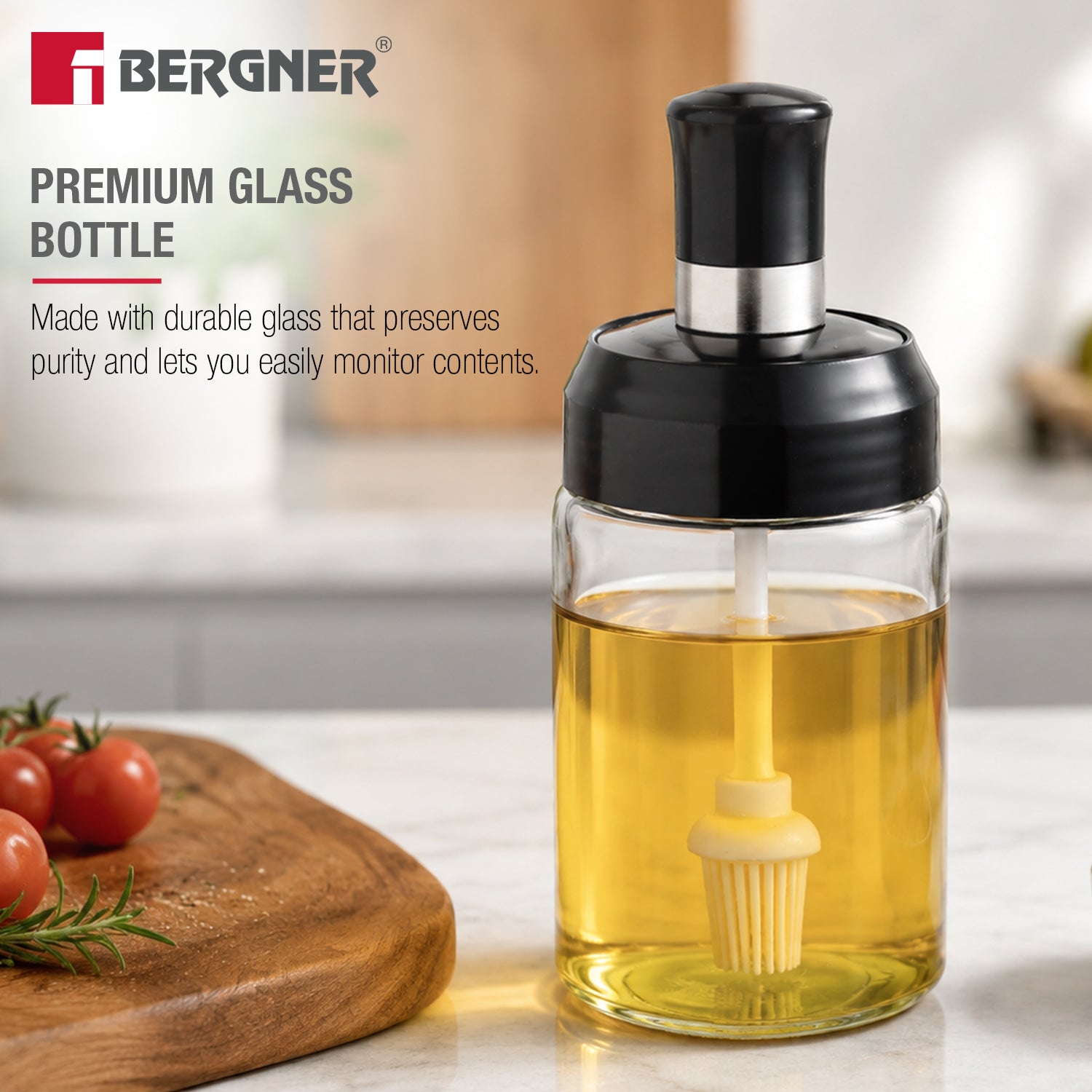 Bergner Glass Oil Dispenser (260ml) with Silicone Brush