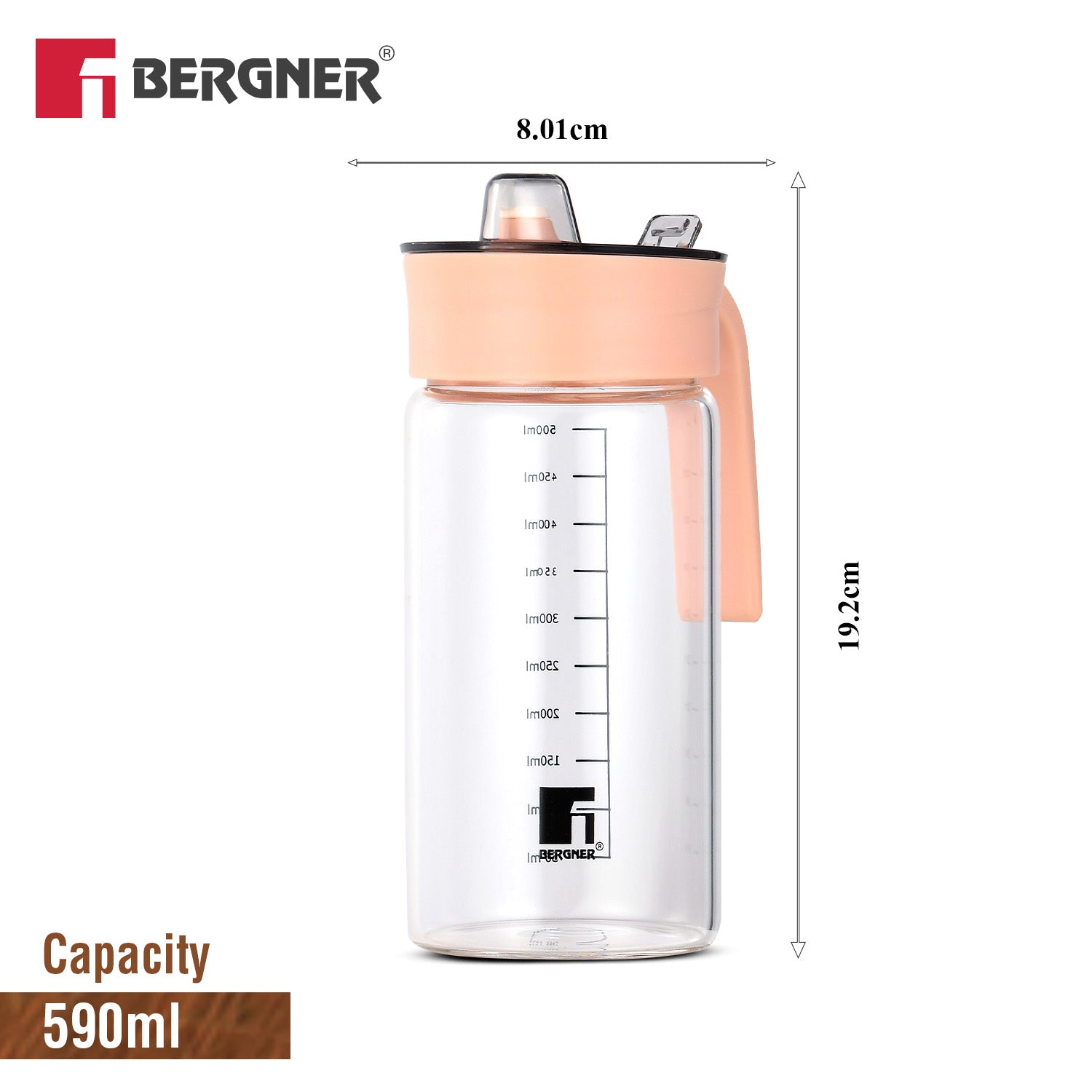 Bergner Acadia 590ml glass oil dispenser bottle dimension diagram showing 19.2cm height and 8.01cm width with scale markings